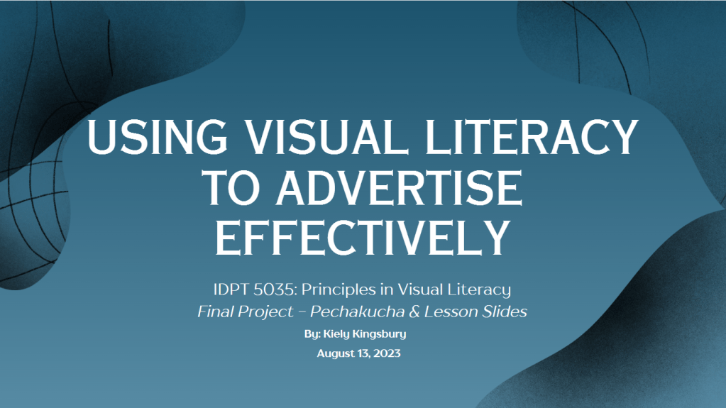 Screenshot of the PowerPoint title slide for "Using Visual Literacy to Advertise Effectively" project.